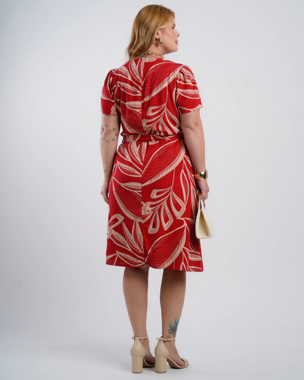 Vestido Midi Viscose Estampado Com Vivo Vermelho