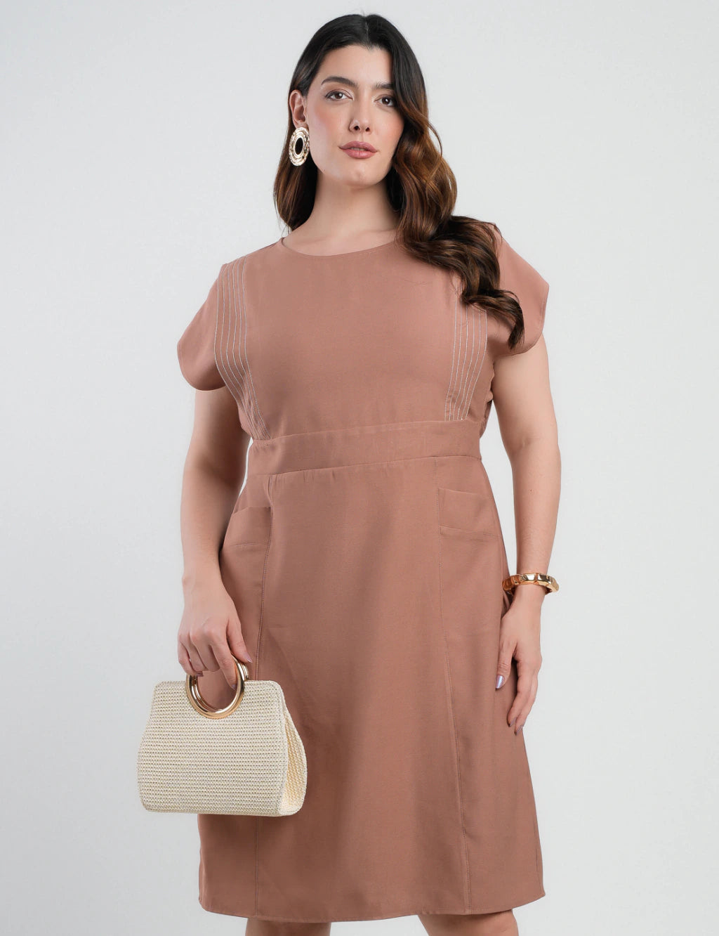 Vestido Midi Alfaiataria Com Pespontos Marrom