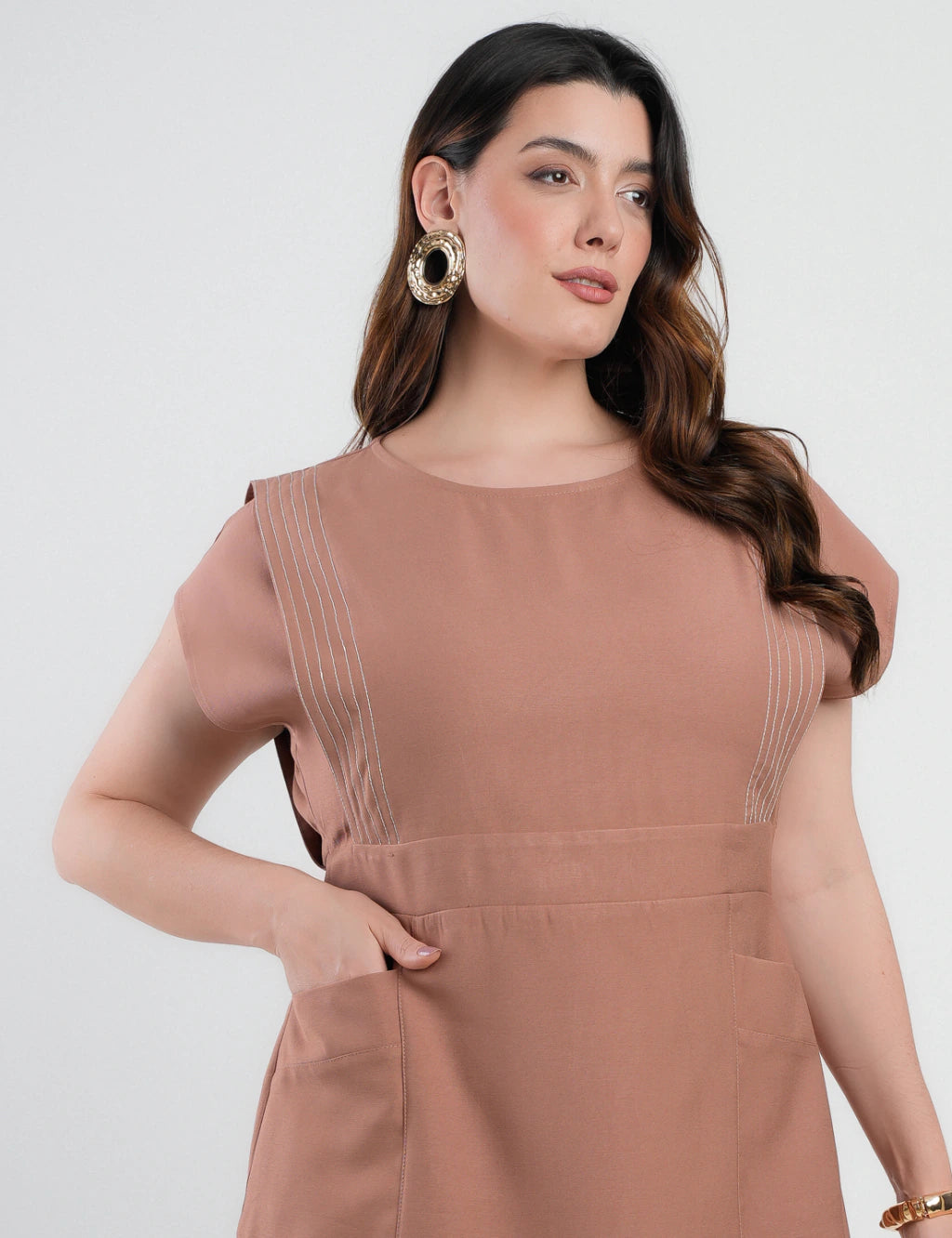 Vestido Midi Alfaiataria Com Pespontos Marrom