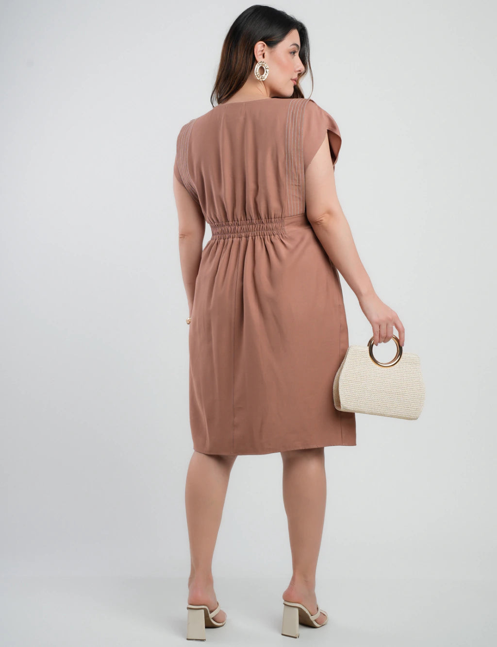 Vestido Midi Alfaiataria Com Pespontos Marrom