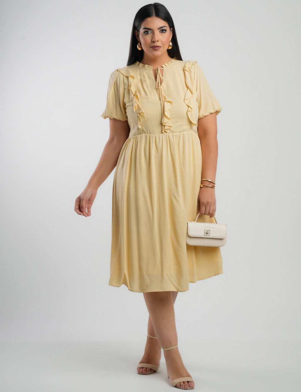 Vestido Midi Viscose Com Textura Amarelo