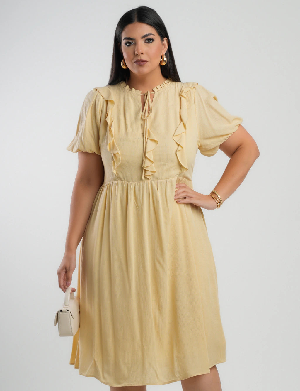 Vestido Midi Viscose Com Textura Amarelo