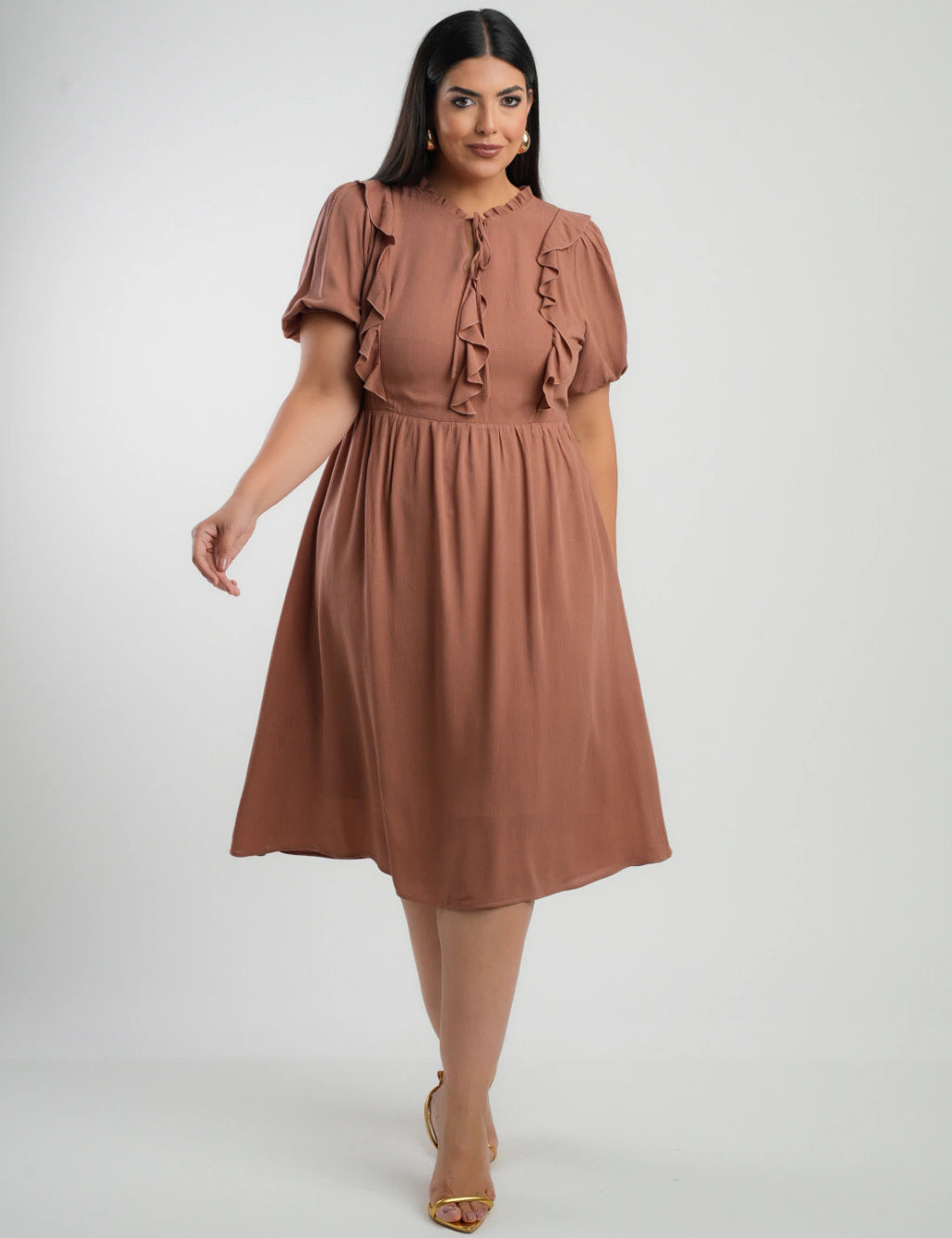 Vestido Midi Viscose Com Textura Marrom