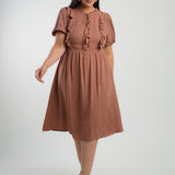 Vestido Midi Viscose Com Textura Marrom