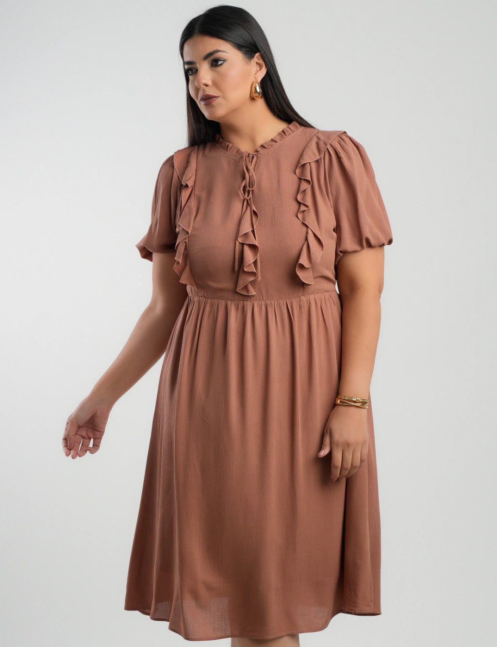 Vestido Midi Viscose Com Textura Marrom