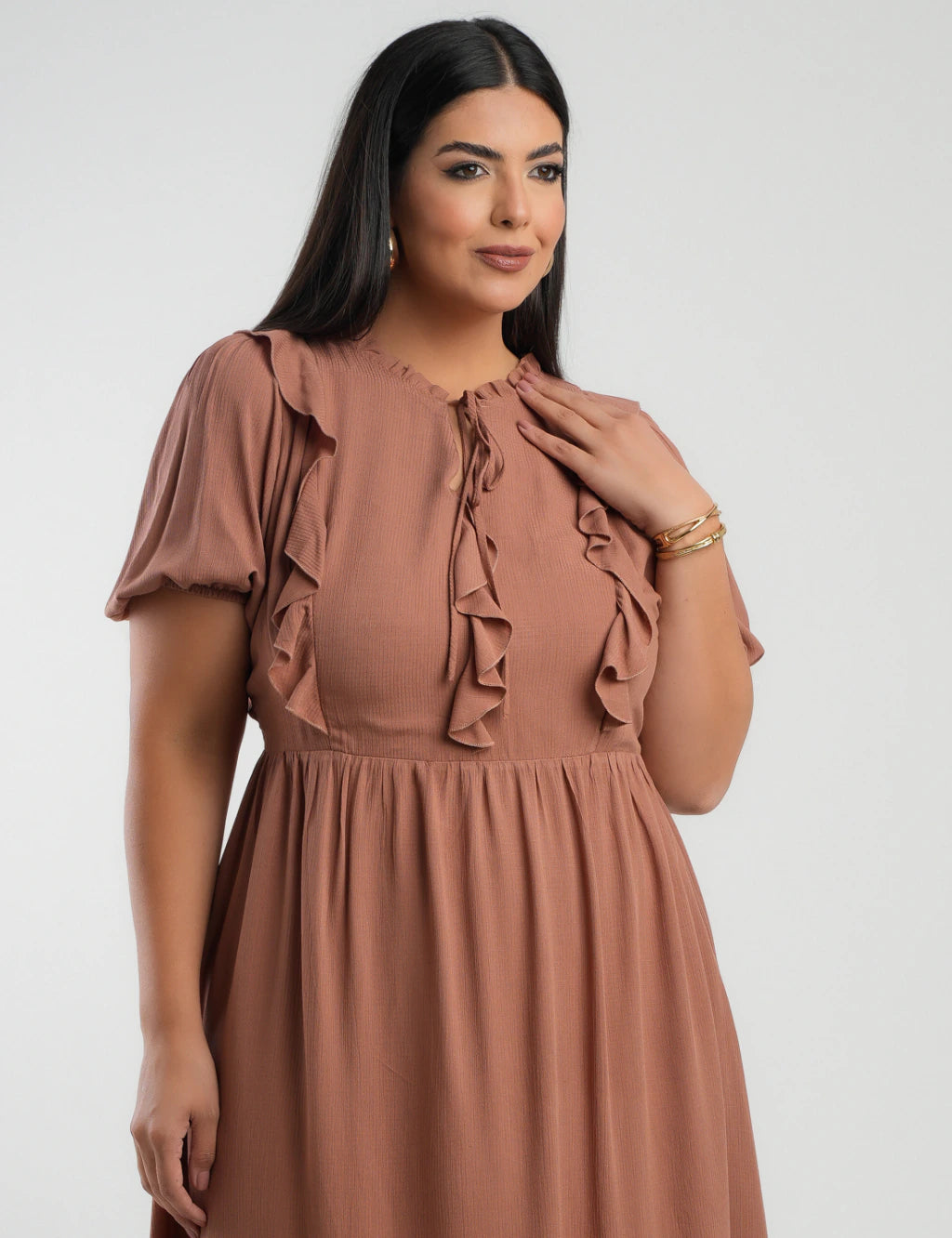 Vestido Midi Viscose Com Textura Marrom