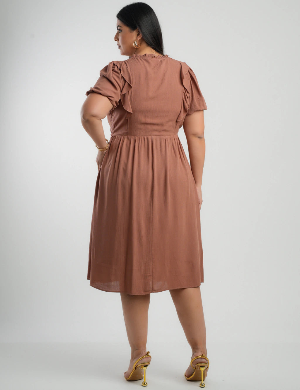 Vestido Midi Viscose Com Textura Marrom