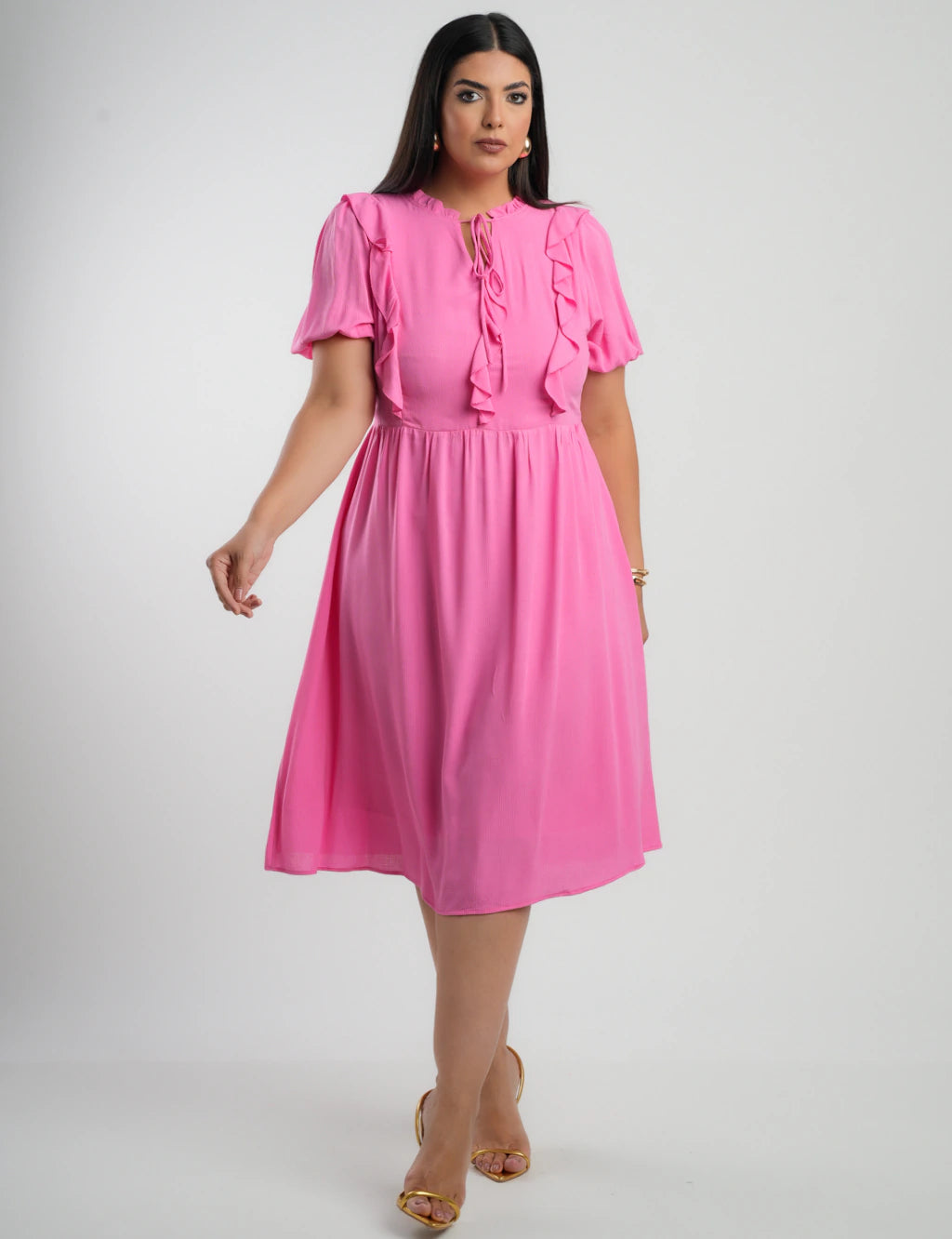 Vestido Midi Viscose Com Textura Rosa