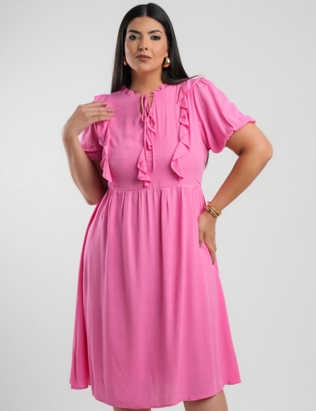 Vestido Midi Viscose Com Textura Rosa
