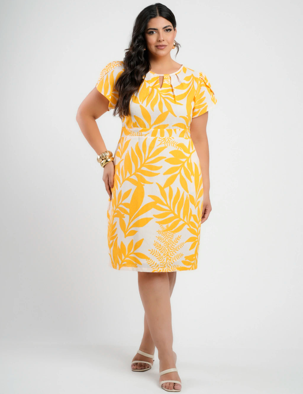 Vestido Midi Linho Estampado Amarelo