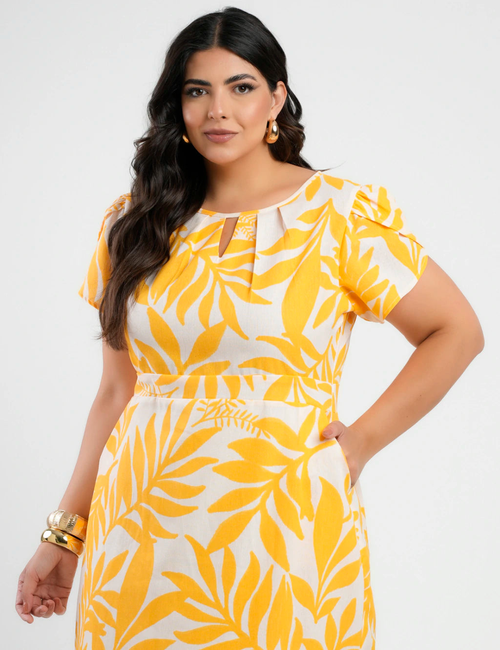 Vestido Midi Linho Estampado Amarelo