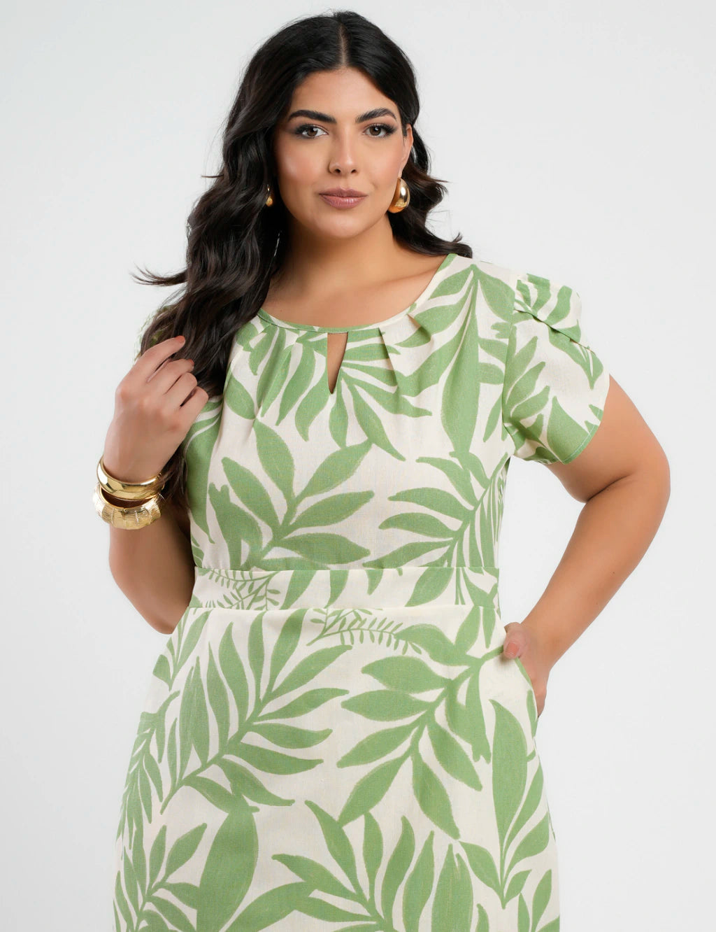 Vestido Midi Linho Estampado Verde