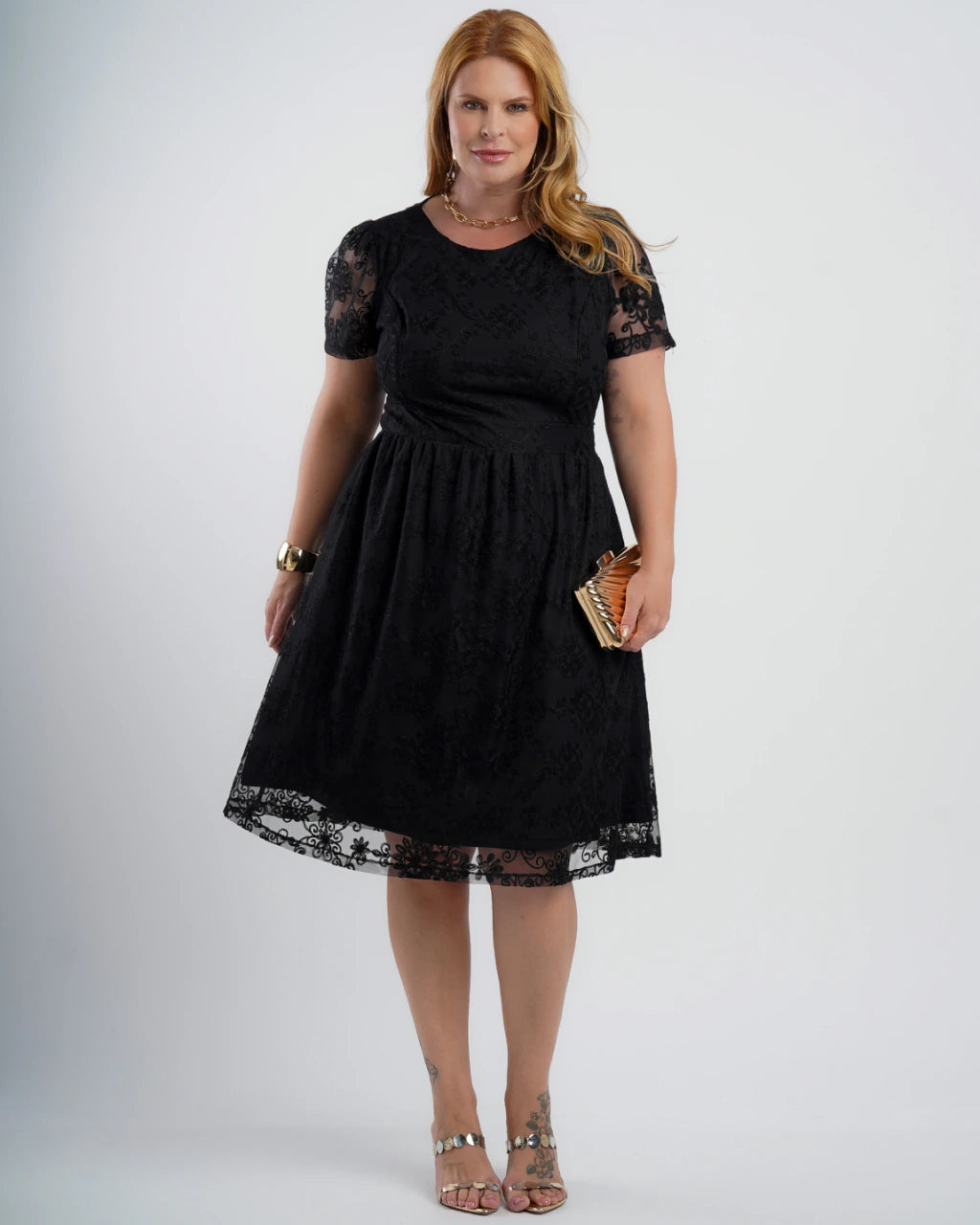 Vestido Midi Tule Com Bordado Preto