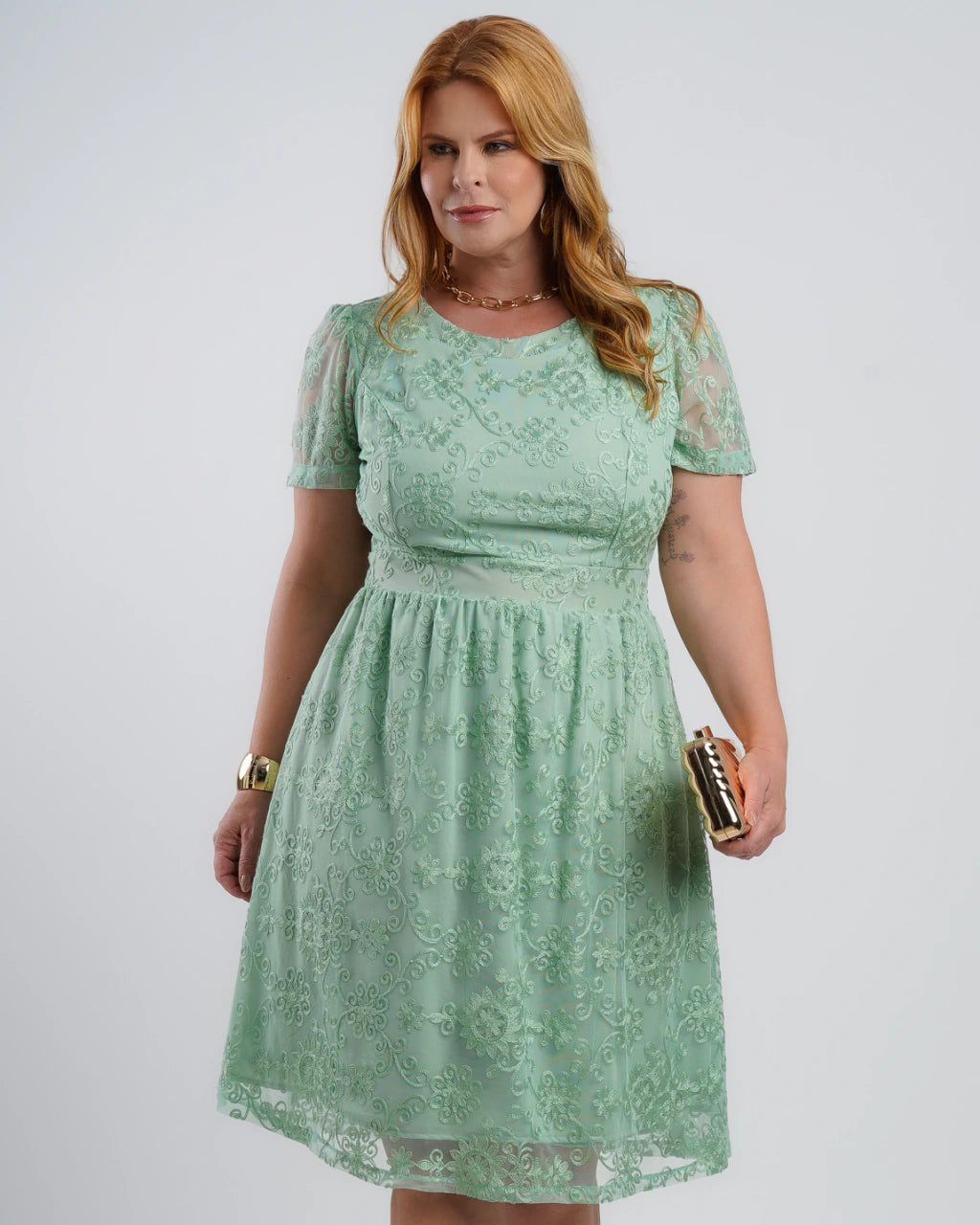 Vestido Midi Tule Com Bordado Verde