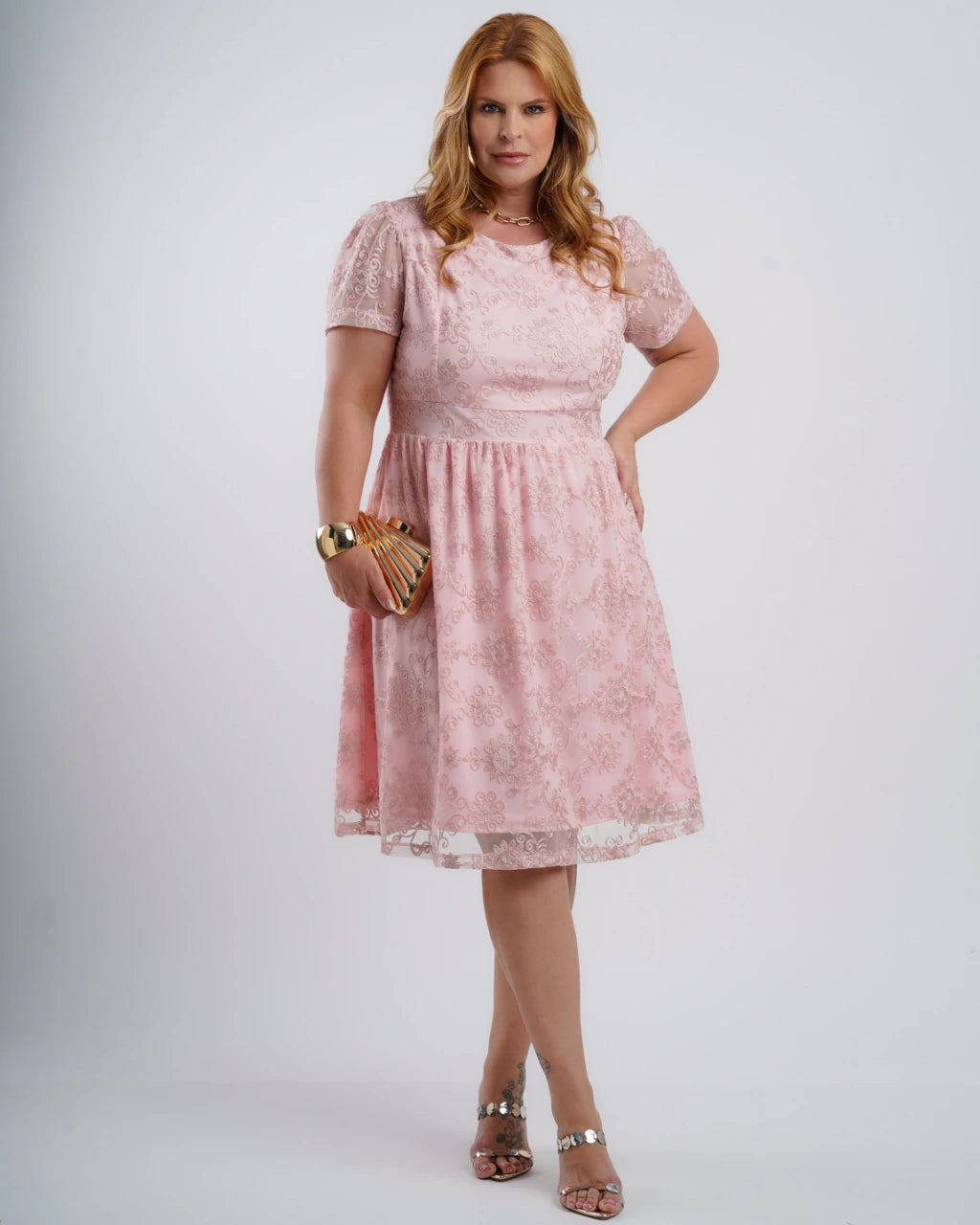 Vestido Midi Tule Com Bordado Rosa