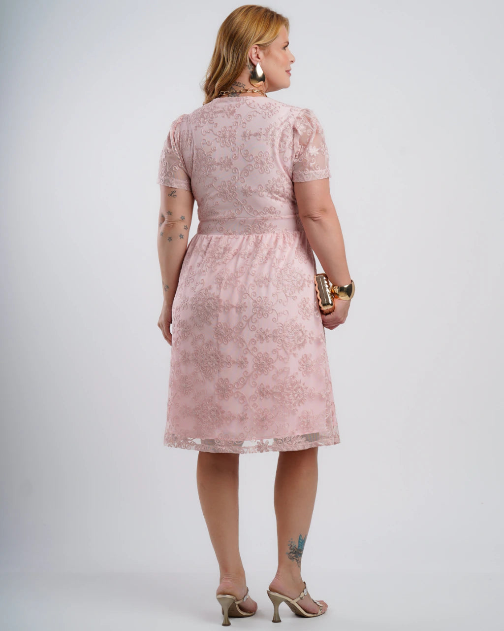 Vestido Midi Tule Com Bordado Rosa