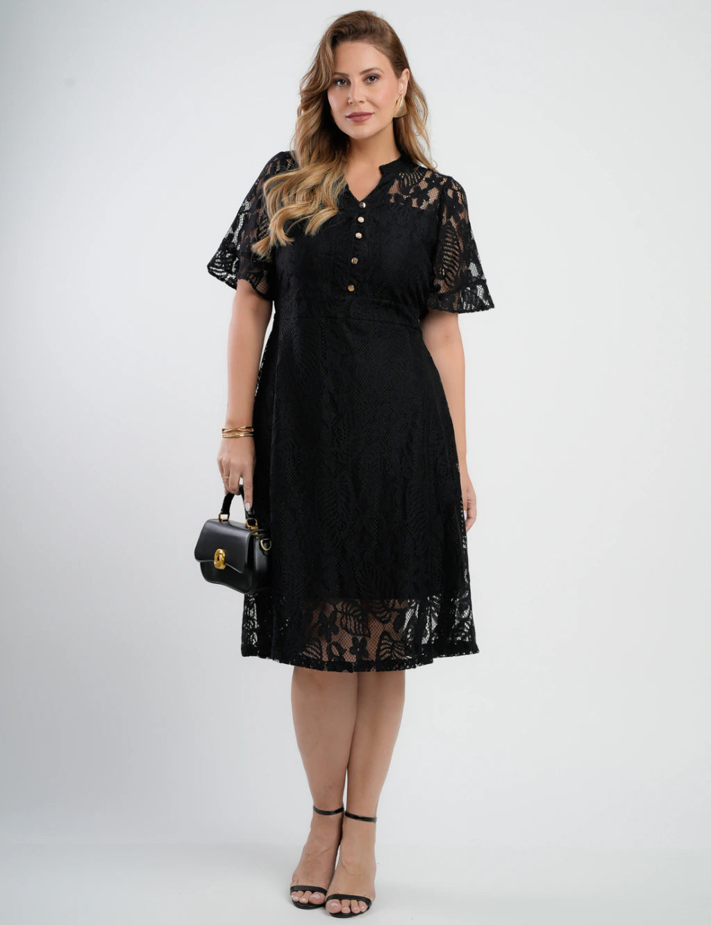 Vestido Midi Renda Com Botões Preto