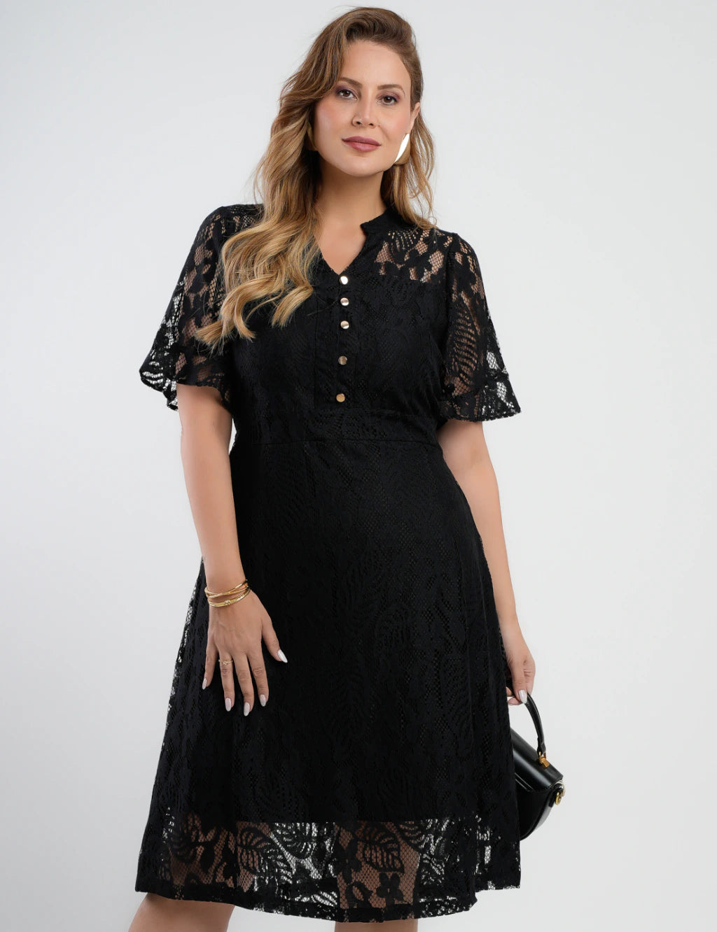 Vestido Midi Renda Com Botões Preto