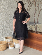 Vestido Midi Renda Com Botões Preto