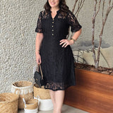 Vestido Midi Renda Com Botões Preto