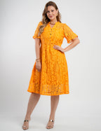 Vestido Midi Renda Com Botões Amarelo