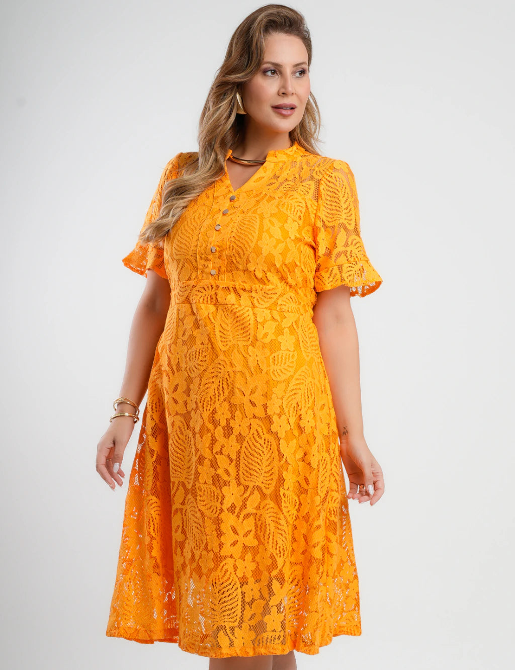 Vestido Midi Renda Com Botões Amarelo