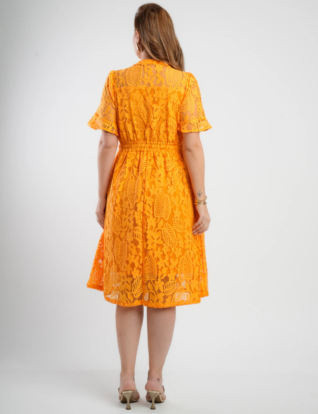 Vestido Midi Renda Com Botões Amarelo