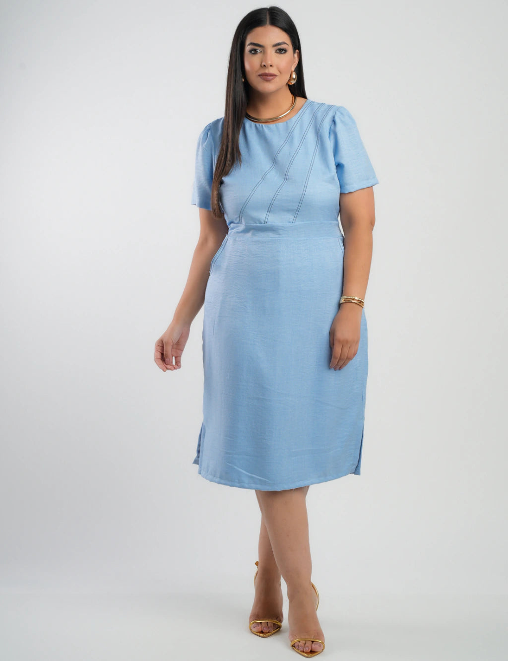 Vestido Curto Linho Poliéster Com Pesponto Azul