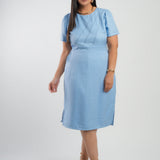 Vestido Curto Linho Poliéster Com Pesponto Azul