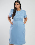 Vestido Curto Linho Poliéster Com Pesponto Azul