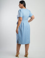 Vestido Curto Linho Poliéster Com Pesponto Azul