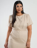 Vestido Curto Linho Poliéster Com Pesponto Bege