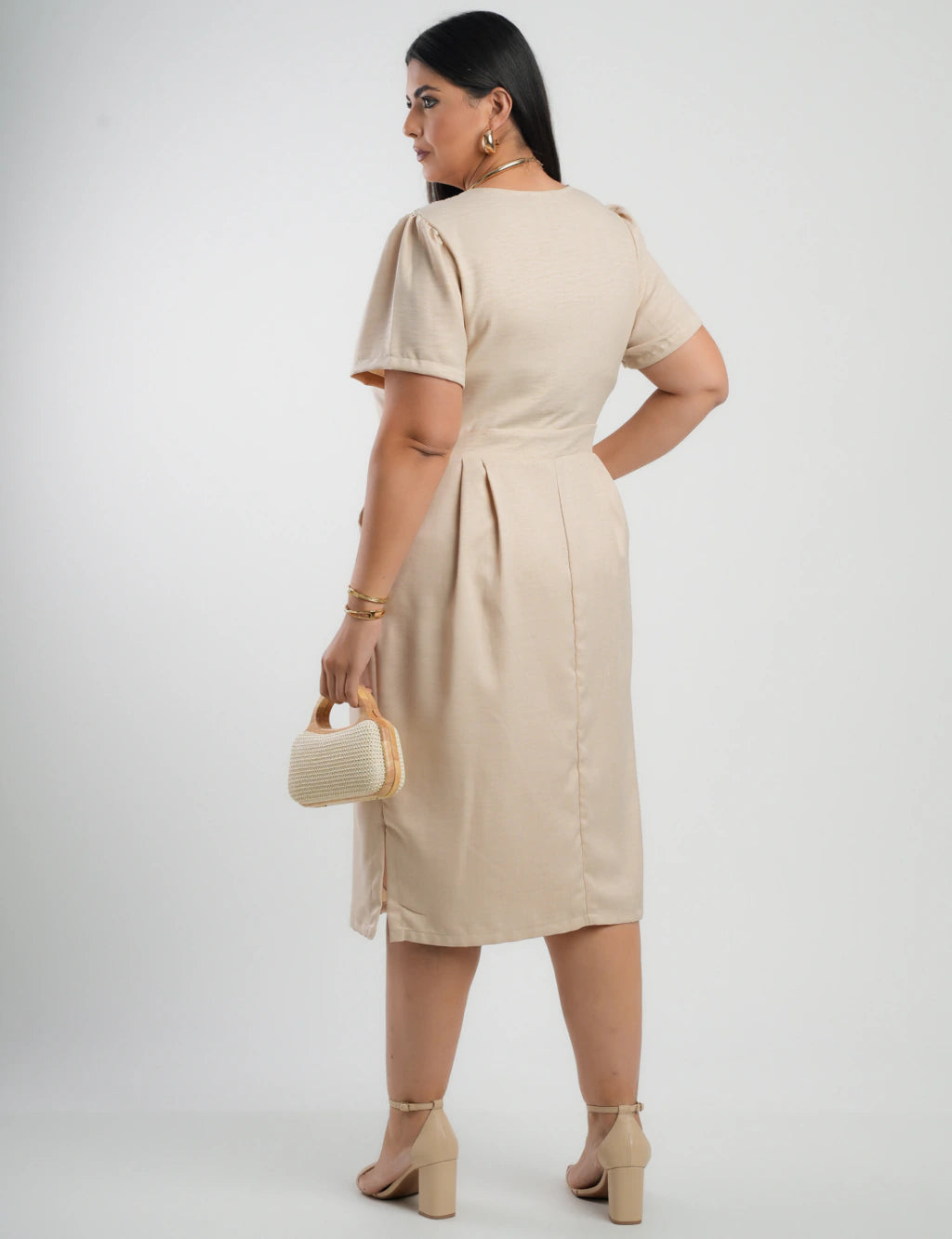 Vestido Curto Linho Poliéster Com Pesponto Bege