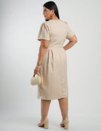 Vestido Curto Linho Poliéster Com Pesponto Bege