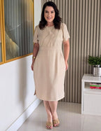 Vestido Curto Linho Poliéster Com Pesponto Bege