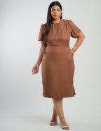 Vestido Curto Linho Poliéster Com Pesponto Marrom