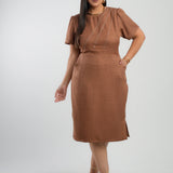 Vestido Curto Linho Poliéster Com Pesponto Marrom