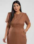 Vestido Curto Linho Poliéster Com Pesponto Marrom