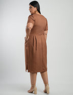 Vestido Curto Linho Poliéster Com Pesponto Marrom