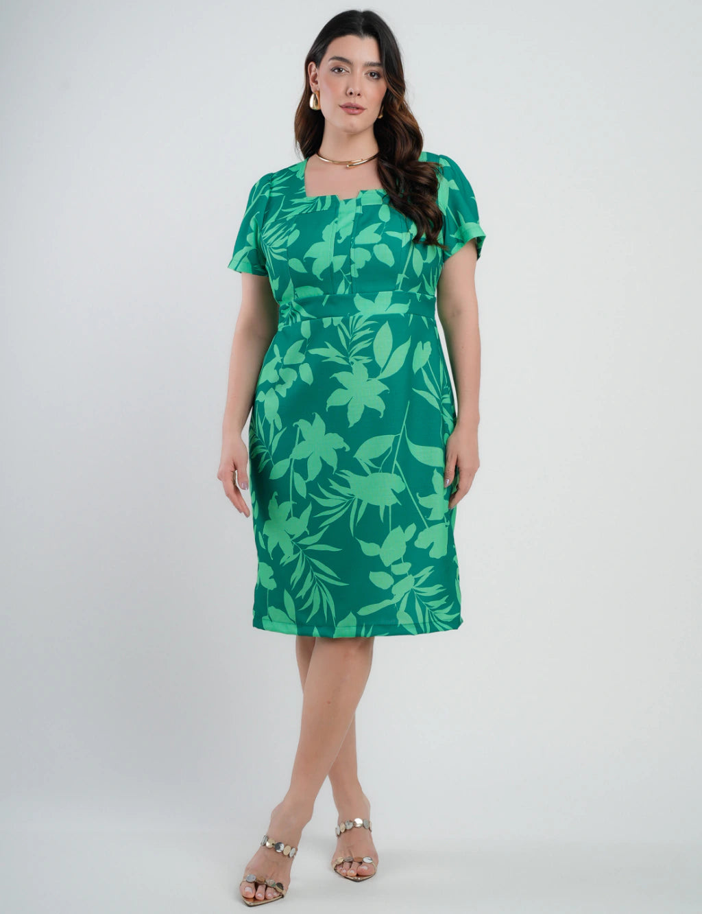 Vestido Midi Crepe Tubinho Estampado Verde