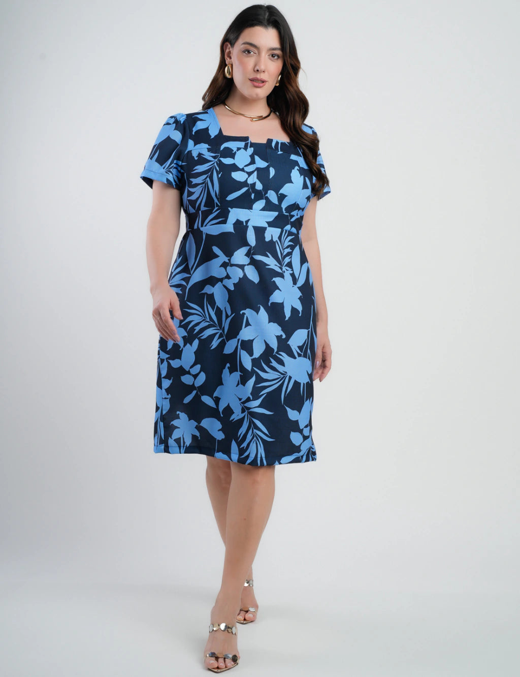Vestido Midi Crepe Tubinho Estampado Marinho