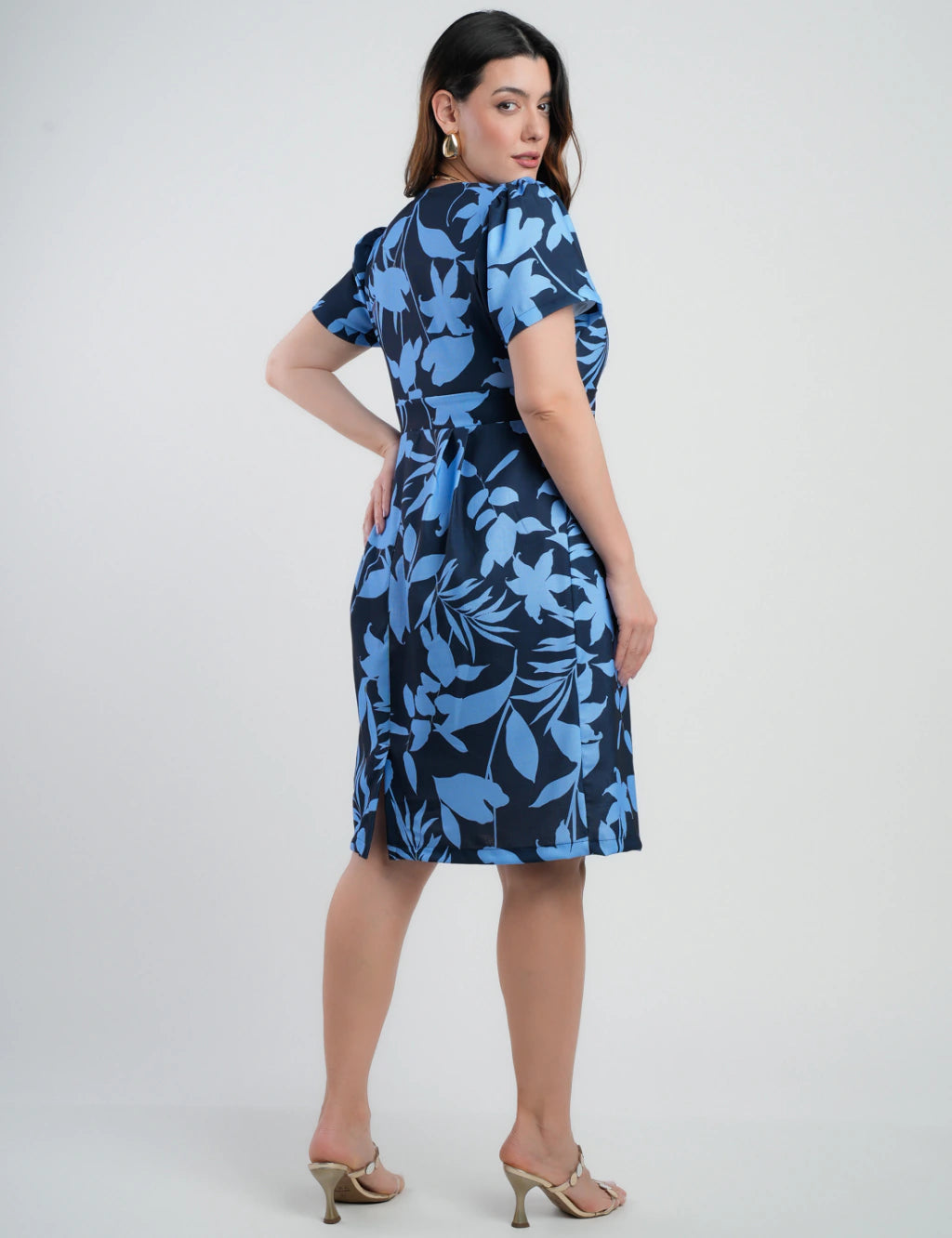 Vestido Midi Crepe Tubinho Estampado Marinho