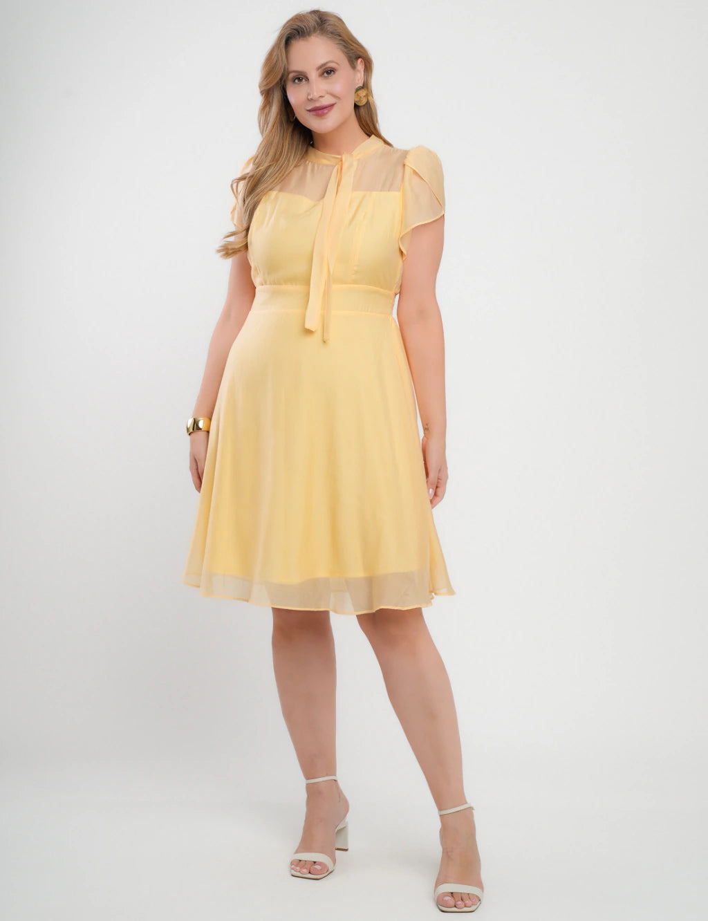 Vestido Midi Liocel Com Gola Amarração Amarelo