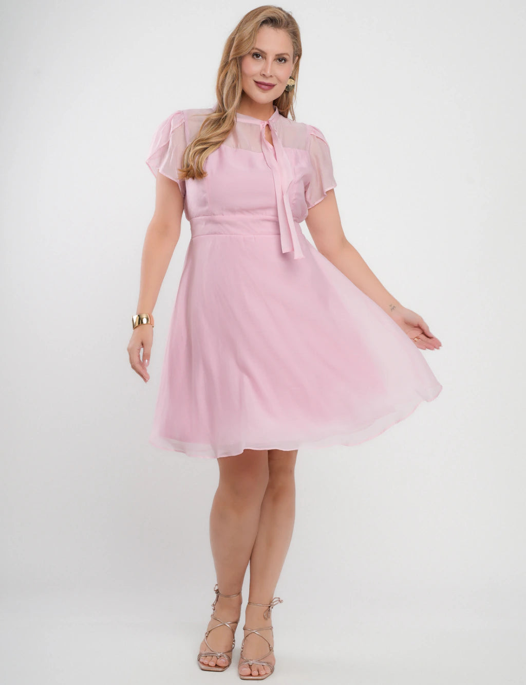Vestido Midi Liocel Com Gola Amarração Rosa