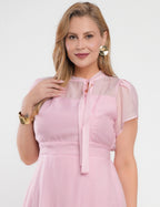 Vestido Midi Liocel Com Gola Amarração Rosa