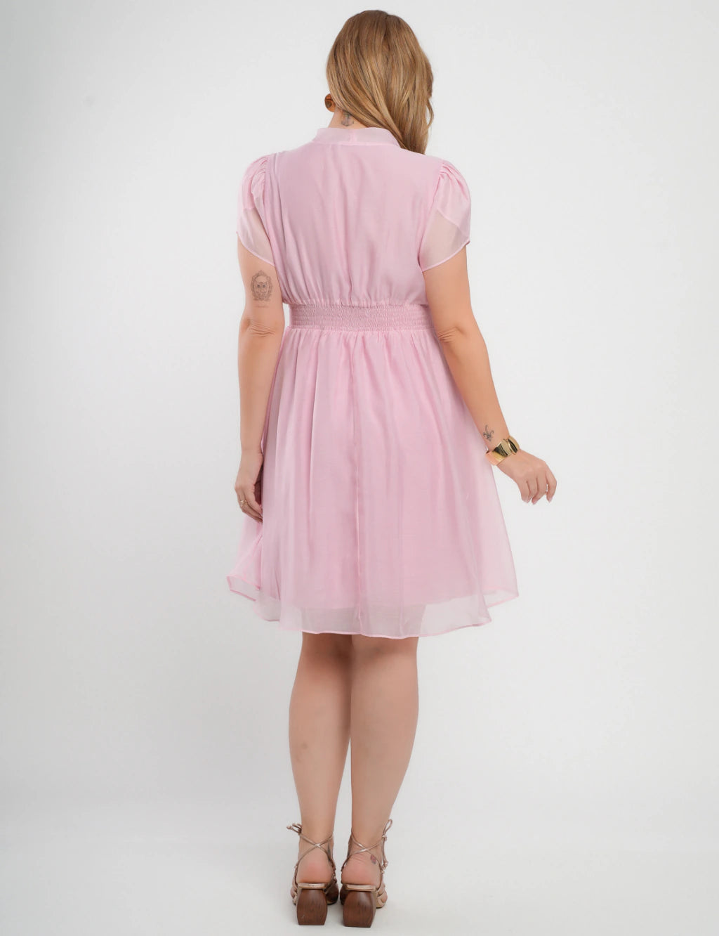 Vestido Midi Liocel Com Gola Amarração Rosa