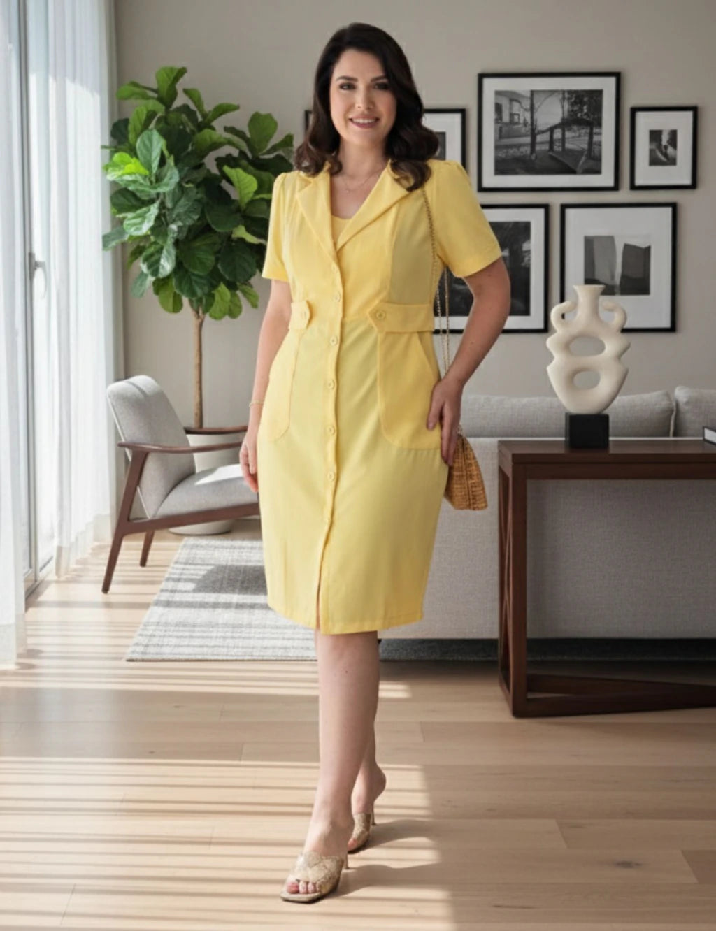 Vestido Midi Alfaiataria Com Botões Amarelo