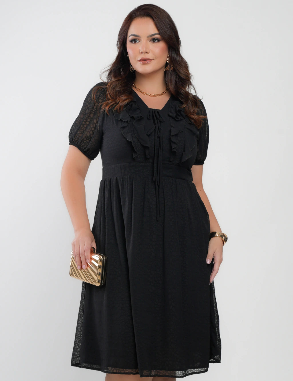 Vestido Midi Chiffon Com Textura Preto