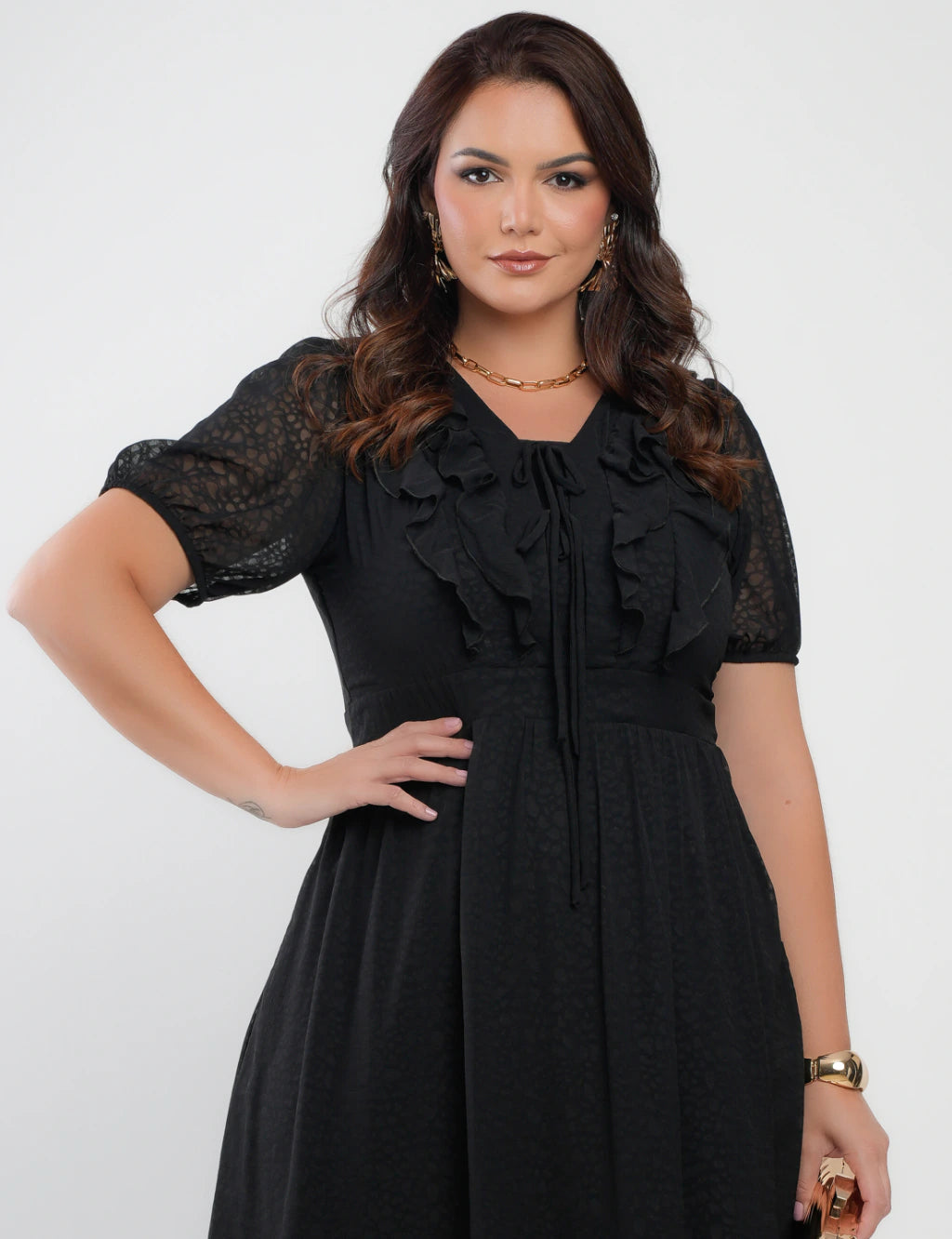 Vestido Midi Chiffon Com Textura Preto
