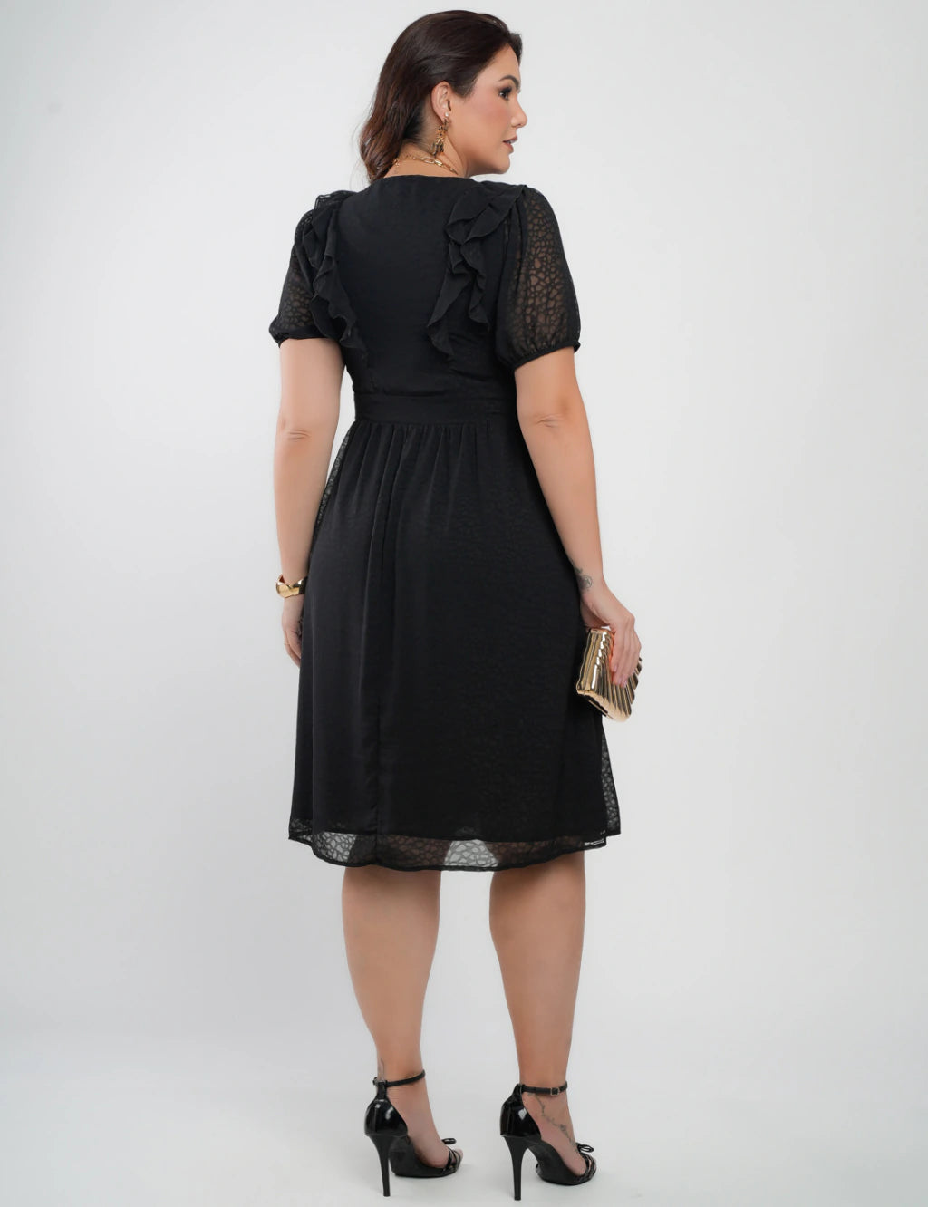 Vestido Midi Chiffon Com Textura Preto